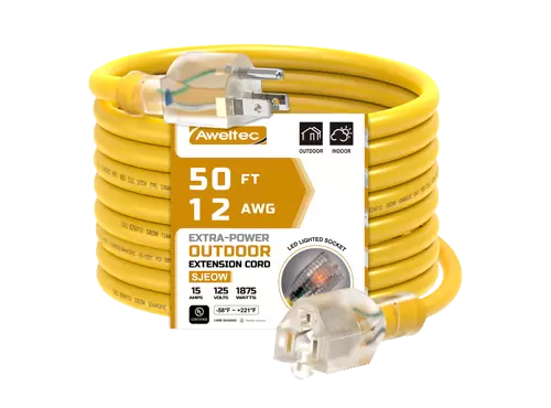 D&acirc;y nối d&agrave;i ngo&agrave;i trời Aweltec 50 FT 12 AWG, Ổ cắm c&oacute; đ&egrave;n LED 1875W, được liệt k&ecirc; trong danh s&aacute;ch UL