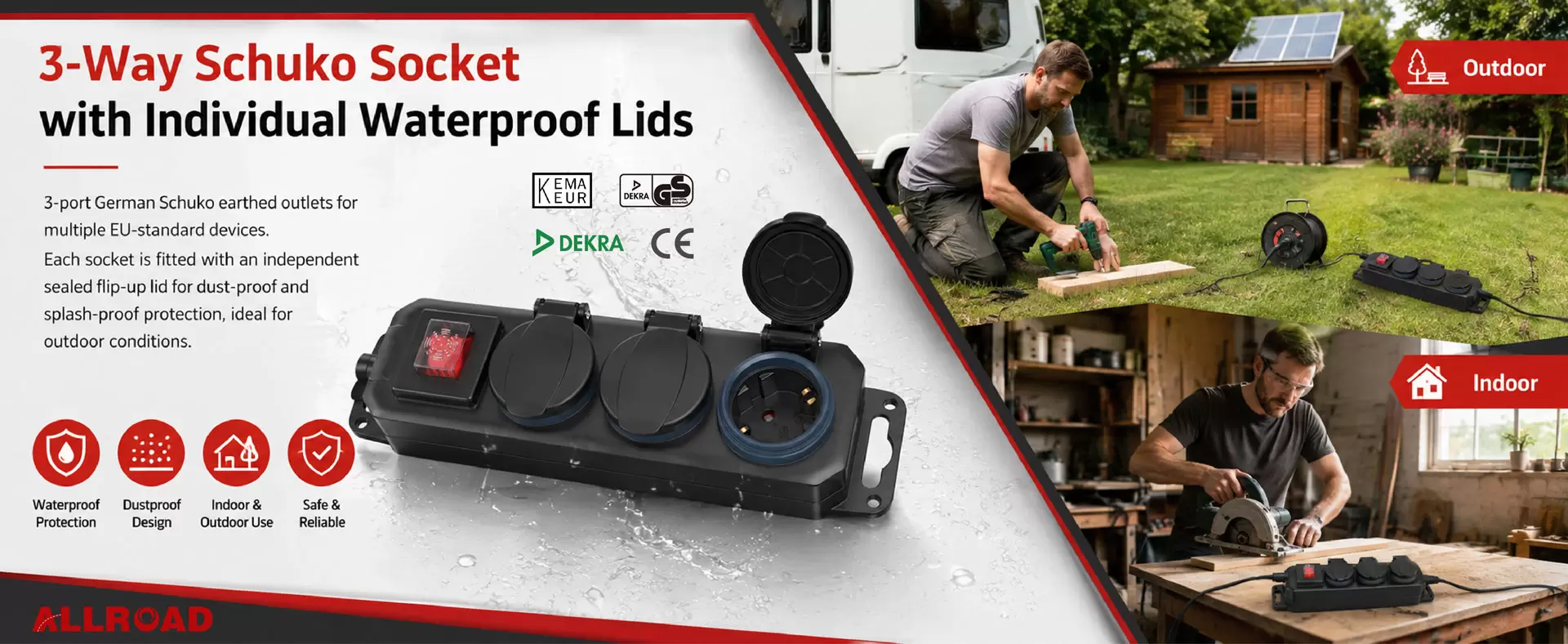 Dải nguồn ngoài trời ALLROAD IP44 Ổ cắm 3 chiều loại Đức có công tắc