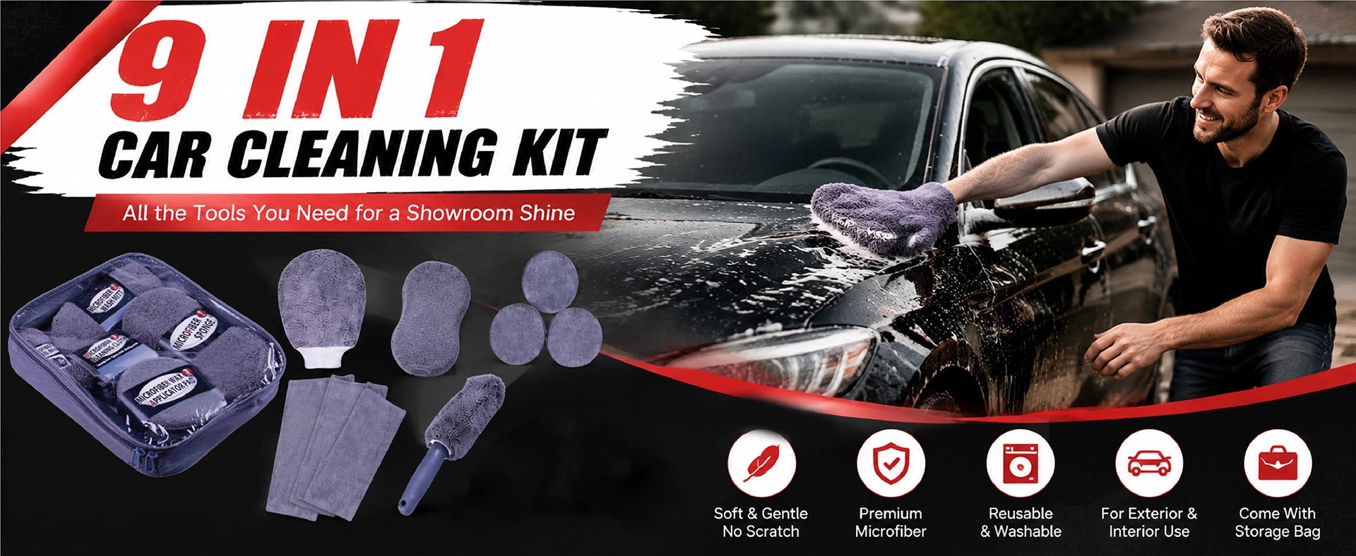 Bộ dụng cụ chăm sóc xe hơi ALLROAD 9 món Microfiber Wash Mitt Wheel Brush & 3 miếng sáp