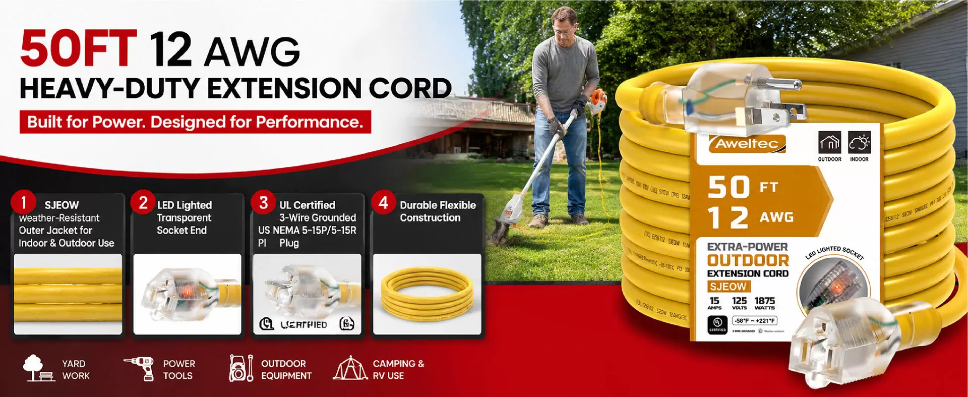 Dây nối dài ngoài trời Aweltec 50 FT 12 AWG Dây nối dài ngoài trời Aweltec 50 FT 12 AWG
