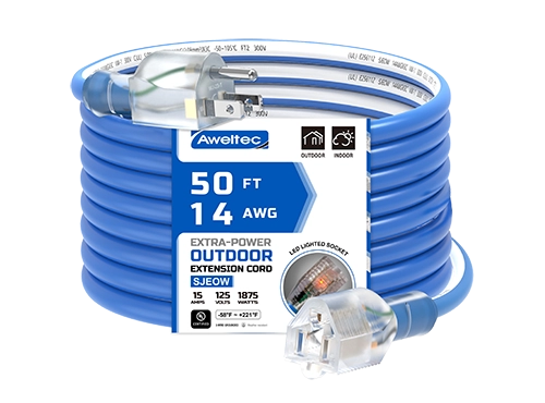 D&acirc;y nối d&agrave;i ngo&agrave;i trời Aweltec 50 FT 14/3 SJEOOW, đầu đ&egrave;n 15A 1875W