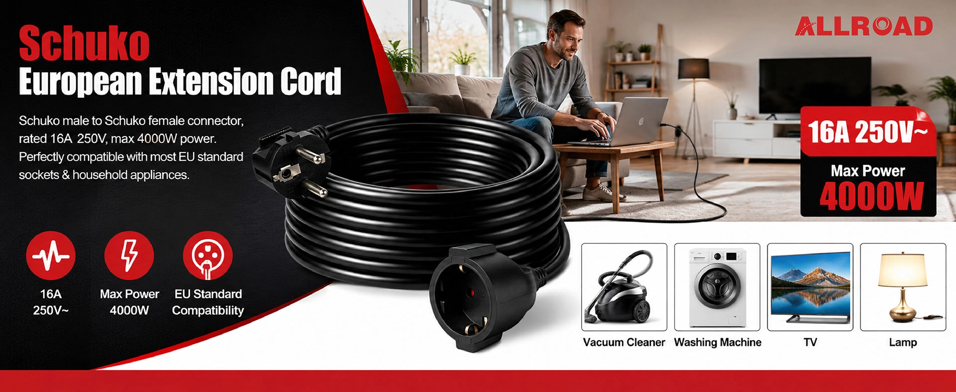 Dây nối dài ALLROAD Đức Schuko CEE 7/7 16A Dây nguồn 3m Đen